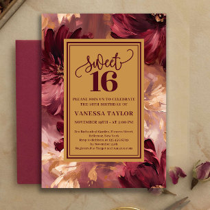 Prylar Boho Sweet Sixteen Burgunder Rosa Blommig Inbjudningar