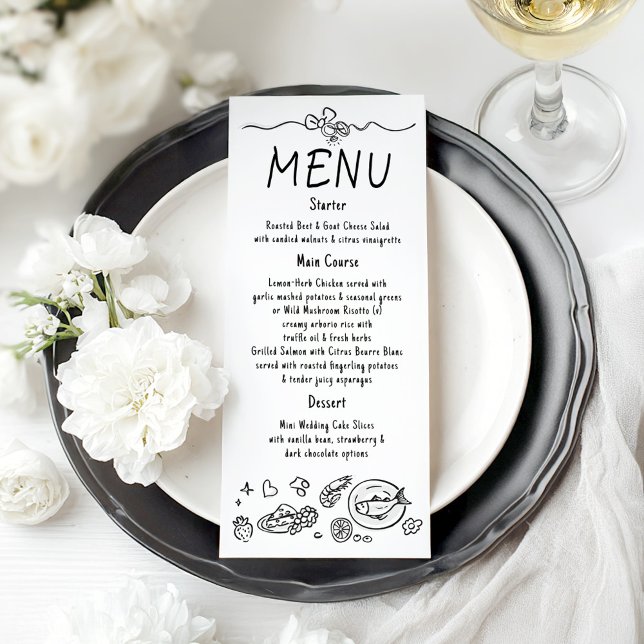 Prylar för Whimsical Funky-dekor Handskrivna bröll Meny (Whimsical Hand-drawn Wedding Menu Card)