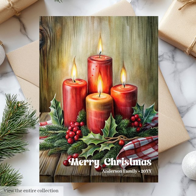 Prylar jul ljus rustika tallkrona julkort (Whimsical Christmas candles rustic pine wreath Holiday Card)