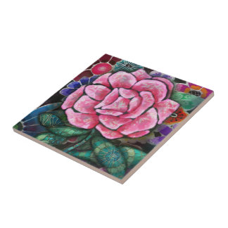 Prylar med blommotiv Rosa Ros Art Nouveau Botanisk Kakelplatta