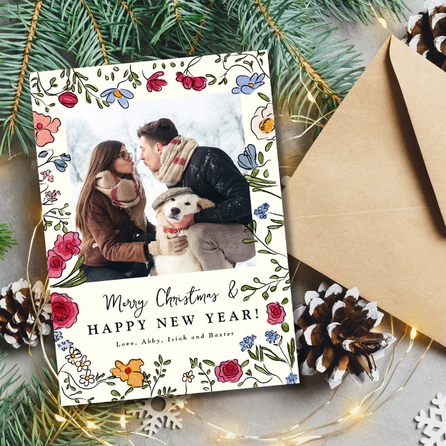 Prylnad Handritad Blommig Högtidlig Fotokort Julkort (Whimsical Hand Drawn Floral Holiday Photo Card)