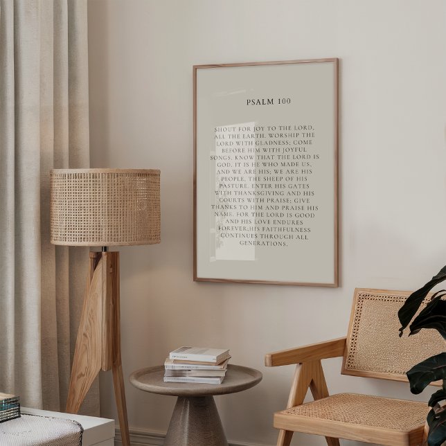 Psalm 100 Christian Fall Wall Skriv ut Poster (Minimalist Christian beige wall art featuring Psalm 100 in elegant black bold typography. )