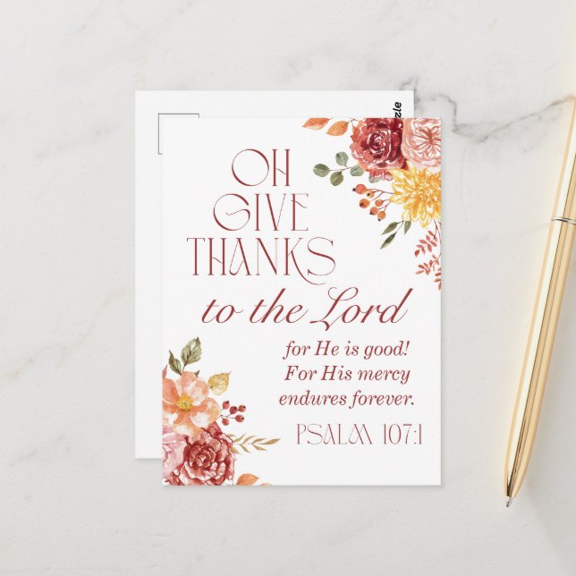 Psalm 107:1 Ge tack åt Herren Blommig höst  Vykort (Fram/Back In Situ)