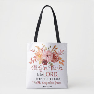Psalm 107:1 Oh Ge Tack till Lord Blommigt Fall Tygkasse