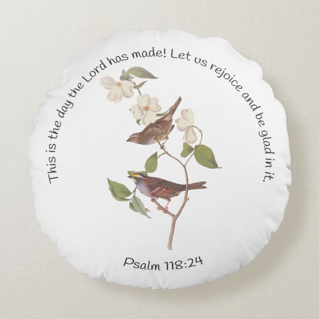 Psalm 118:24 Bible Verse and Sparrow Pair Rund Kudde (Framsidan)