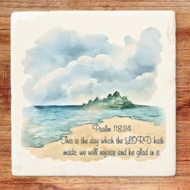 Psalm 118 En dag att glädjas Moln och strand scen Stenunderlägg (Psalm 118 A Day to Rejoice Clouds and Beach Scene Stone Coaster)