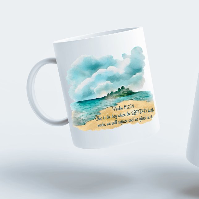 Psalm 118 Glädjedagen Molnig Strandscen Kaffemugg (Psalm 118 Day to Rejoice Cloudy Beach Scene Coffee Mug)