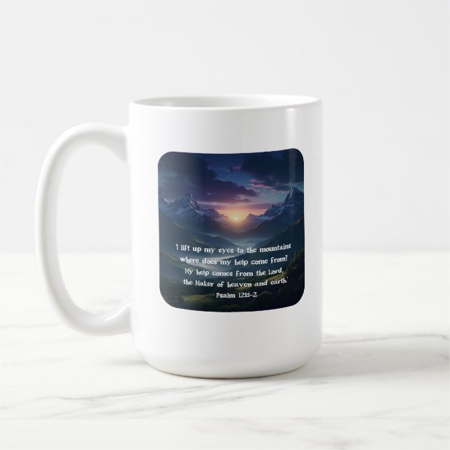 Psalm 121:1-2 bergsoluppgång kristen tro kaffemugg (Vänster)