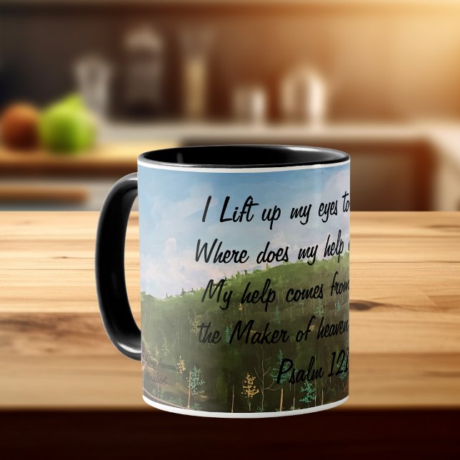 Psalm 121:1  Handmålad original konst Mugg (Scripture mug with painting print as background)