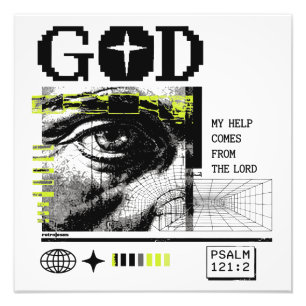 Psalm 121:2 Neon Lime Ögats öga CRT Glitch Art Fototryck