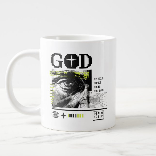 Psalm 121:2 Neon Lime Ögats öga CRT Glitch Art Jumbo Mugg (Vänster)