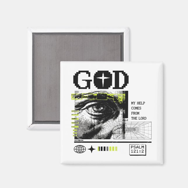 Psalm 121:2 Neon Lime Ögats öga CRT Glitch Art Magnet (Front/Back)