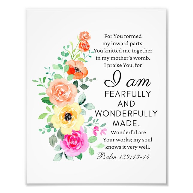 Psalm 139:13-14 Wonderully Made Floral Christian Fototryck (Framsidan)