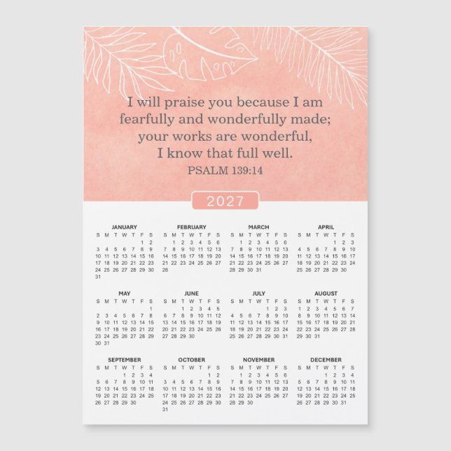 Psalm 139:14 2027 Rosa kalender magnet (Framsida)