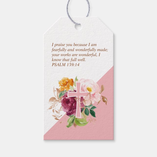 Psalm 139:14 Blommigt med Rosa vattenfärg Presentetikett (Framsidan)