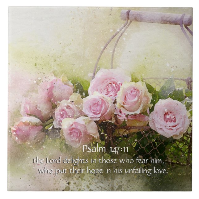 Psalm 147:11, Bible Verse, Basket i Rosa ros, Kakelplatta (Framsidan)