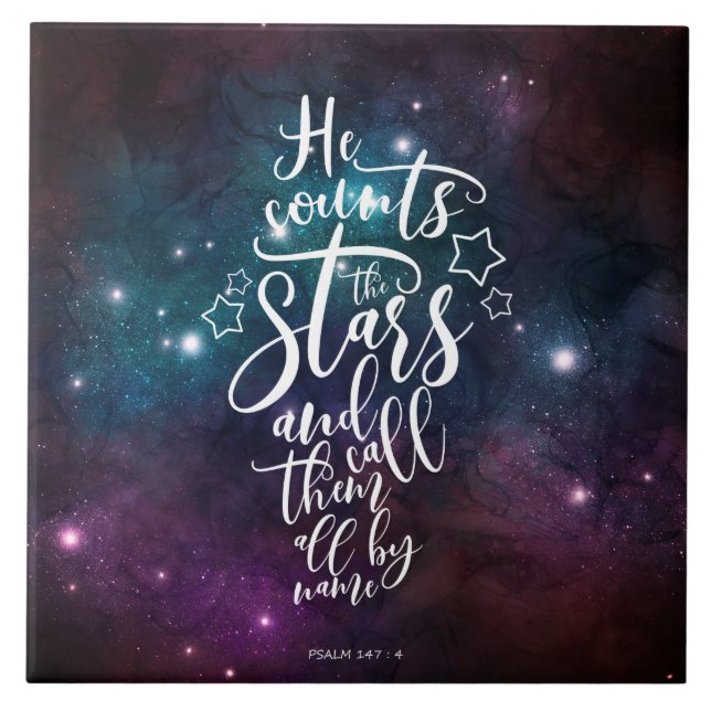 Psalm 147:4 Han räknar Stars Bible Kakelplatta (Framsidan)