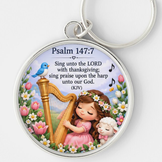 Psalm 147:7 Kristet harpmusik blommig nyckelring (Framsidan)