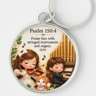 Psalm 150:4 Kristet violin och orgelmusik Nyckelri Rund Silverfärgad Nyckelring