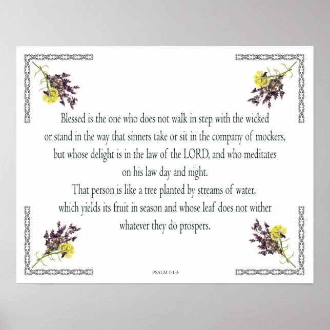 Psalm 1 Konst - Salig Rättfärdig med Blommig Desig Poster (Framsidan)