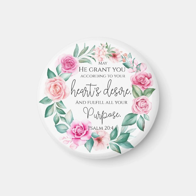 Psalm 20:4 Christian Bible Verse Rosa Blommigt Magnet (Framsidan)