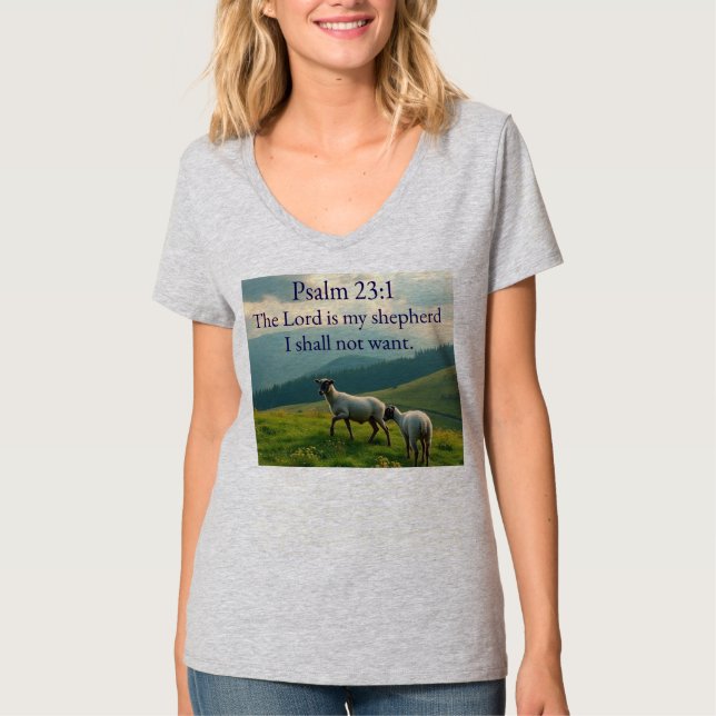 Psalm 23:1 Bibelvers Dam T-shirt med V-ringning (Framsida)