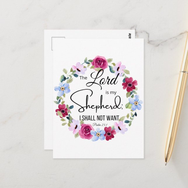 Psalm 23:1 Herren är min Shepherd Blommigt Bible Vykort (Fram/Back In Situ)