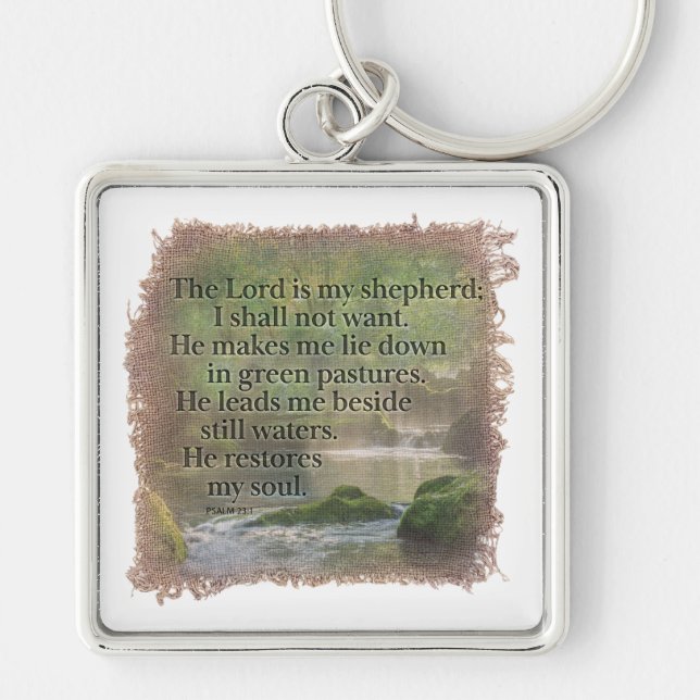 PSALM 23:1 - Keychain Fyrkantig Silverfärgad Nyckelring (Framsidan)