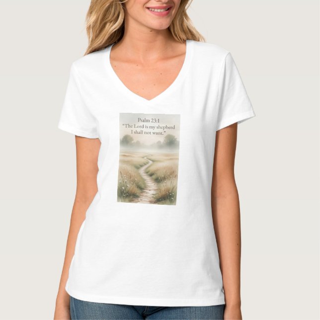 Psalm 23:1 Kristna Dam V-ringad T-shirt (Framsida)