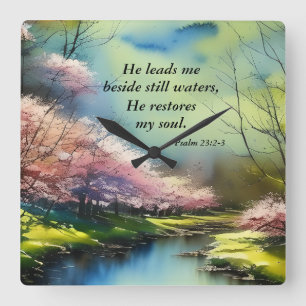 Psalm 23:2-3 Han återställer min själ Bible Verse Fyrkantig Klocka