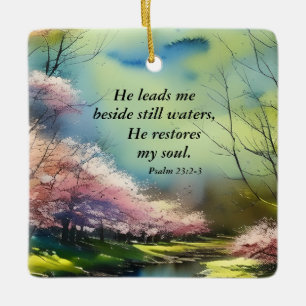 Psalm 23:2-3 Han återställer min själ Bible Verse Julgransprydnad Keramik