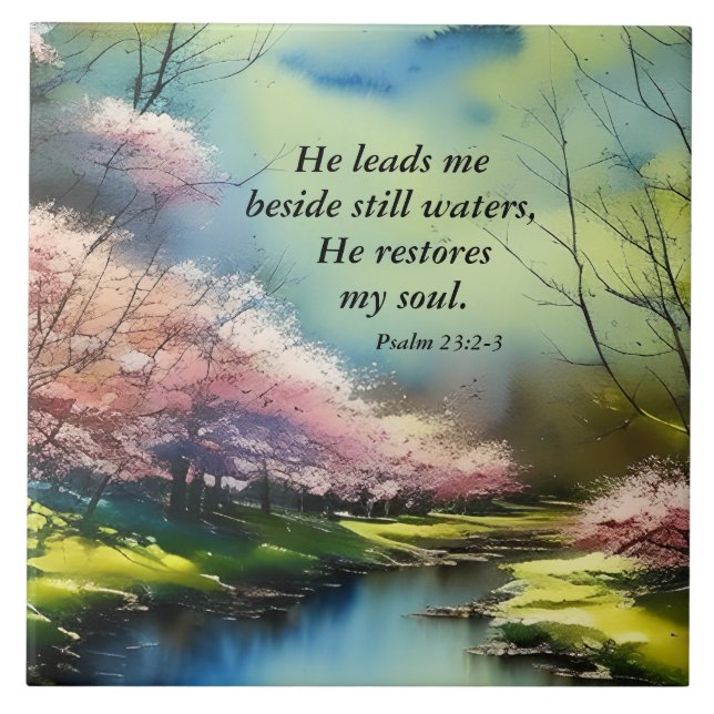 Psalm 23:2-3 Han återställer min själ Bible Verse Kakelplatta (Framsidan)