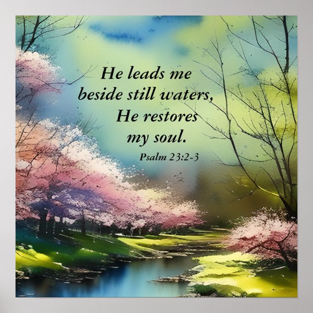 Psalm 23:2-3 Han återställer min själ Bible Verse Poster (Framsidan)