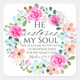 Psalm 23:3 - Han återställer min Rosa Blommigt Bib Fyrkantigt Klistermärke