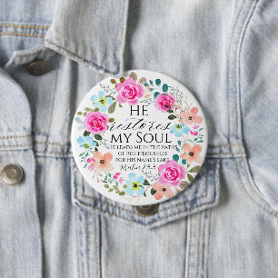 Psalm 23:3 - Han återställer min Rosa Blommigt Bib Knapp