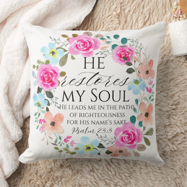 Psalm 23:3 - Han återställer min Rosa Blommigt Bib Kudde (Filt)