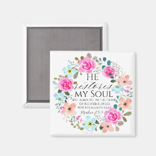 Psalm 23:3 - Han återställer min Rosa Blommigt Bib Magnet