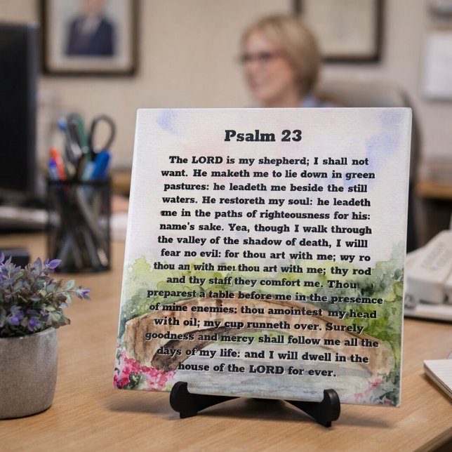 Psalm 23 Akvarellbro, rosa blommor Kakelplatta (Skapare uppladdad)