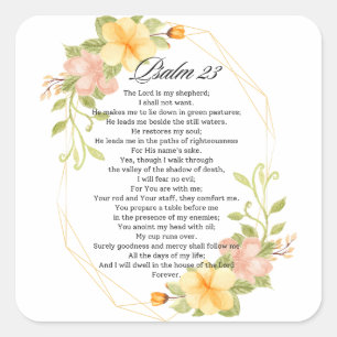 Psalm 23 Bible Scripture Gult Blommigt Ram Fyrkantigt Klistermärke