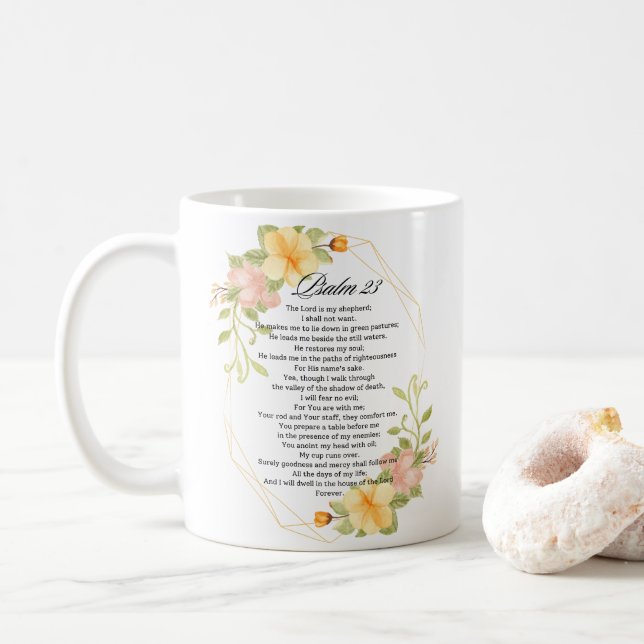 Psalm 23 Bible Scripture Gult Blommigt Ram Kaffemugg (Med munk)