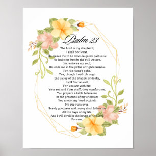 Psalm 23 Bible Scripture Gult Blommigt Ram Poster