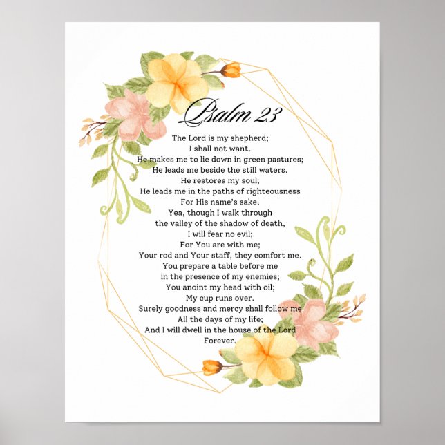 Psalm 23 Bible Scripture Gult Blommigt Ram Poster (Framsidan)