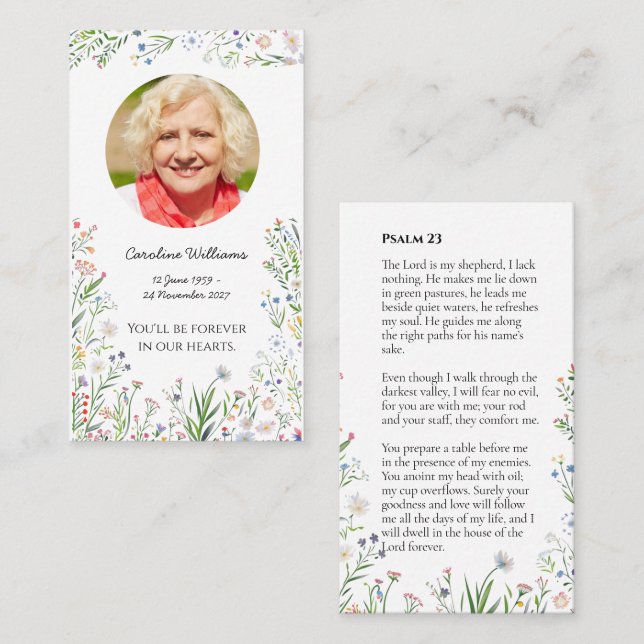 Psalm 23 Blommig Begravning Bön Kort (Fram/baksida)