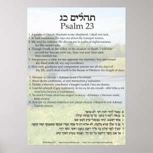 Psalm 23 på engelska, Hebrew och Transliteration Poster