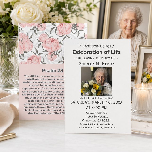 Psalm 23 Rosa blommönster firande av livet  Inbjudningar (Skapare uppladdad)