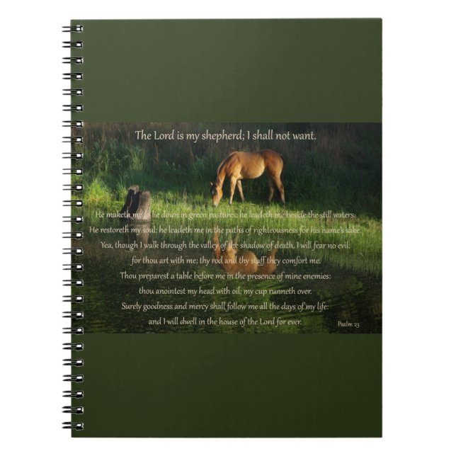 Psalm 23 text med häst bredvid fortfarande vatten anteckningsbok (Framsidan)