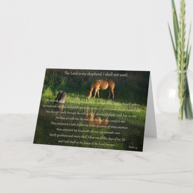 Psalm 23 text med häst bredvid fortfarande vatten- kort (Framsida)