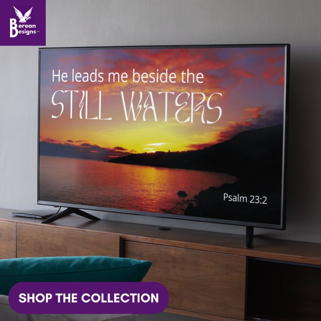 Psalm 23 VATTEN Christian Ram Art för TV Poster (Christian Psalm 23 Still Waters wall art for display TV with peaceful seascape and Bible text.)