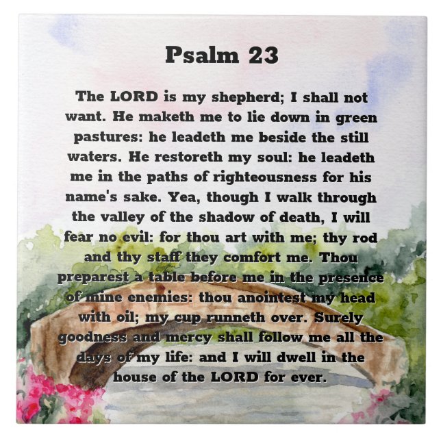 Psalm 23 Vattenfärgbro, rosa blommor Kakelplatta (Framsidan)