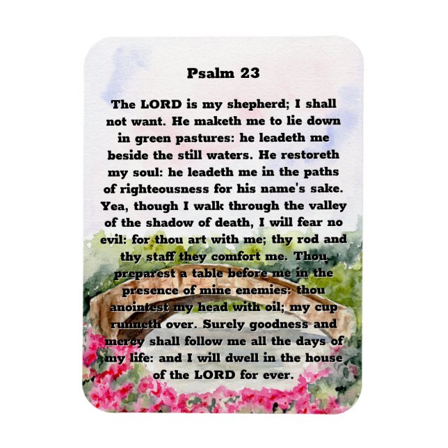 Psalm 23 Vattenfärgbro, rosa blommor Magnet (Vertikal)